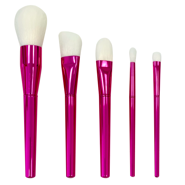 Hot pink all aluminum handle makeup brushes with white fiber