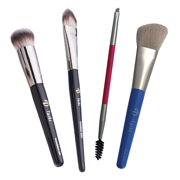 Assortment of makeup brushes with cruelty free fibers and vegan glue